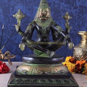 Brass Yog Narasimha Swamy Statue 11" | Unique Black Green Antique Finish | 6 kg Handcrafted Sculpture | 8" Width, 6" Depth | Yoga Narasimha Temple Inspired